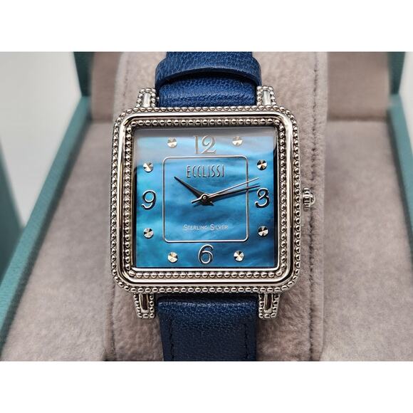Ecclissi Sterling Silver 925 Mother Of Pearl Leather Band Tank Watch New Battery - Picture 5 of 15
